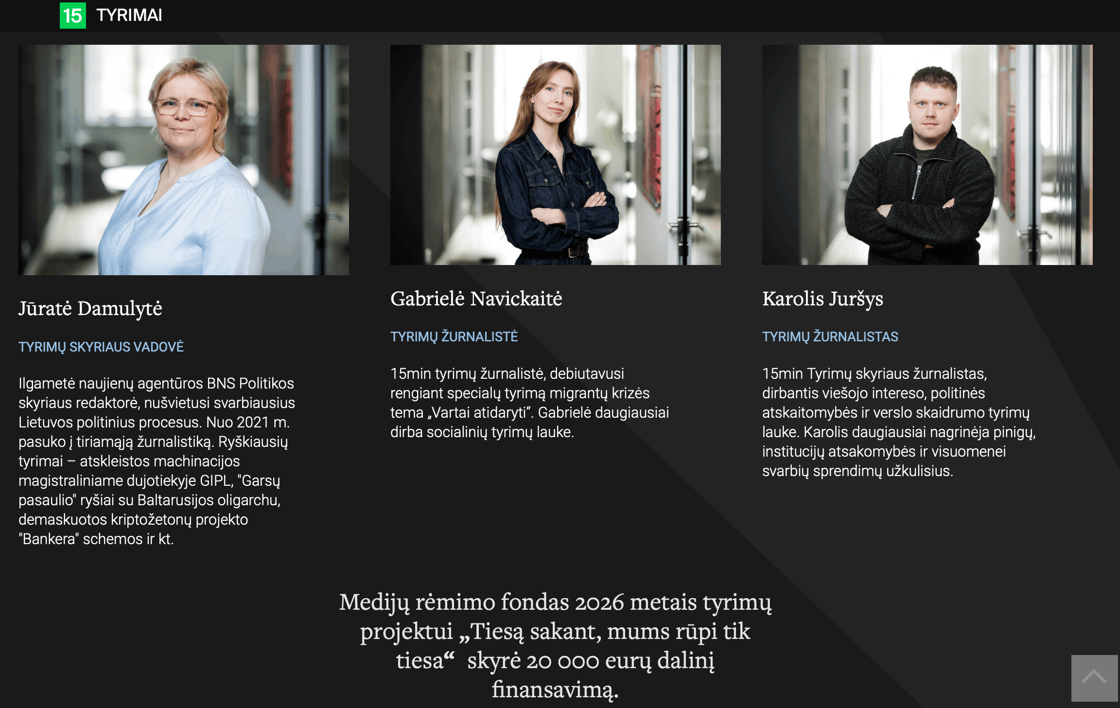 J. Damulytės vadovaujamos „15min“ tyrimų komandos pristatymas, kuriame nurodoma, kad jos narys K. Juršys nagrinėja ir pinigų užkulsius. „15min.lt“ portalo vaizdas.