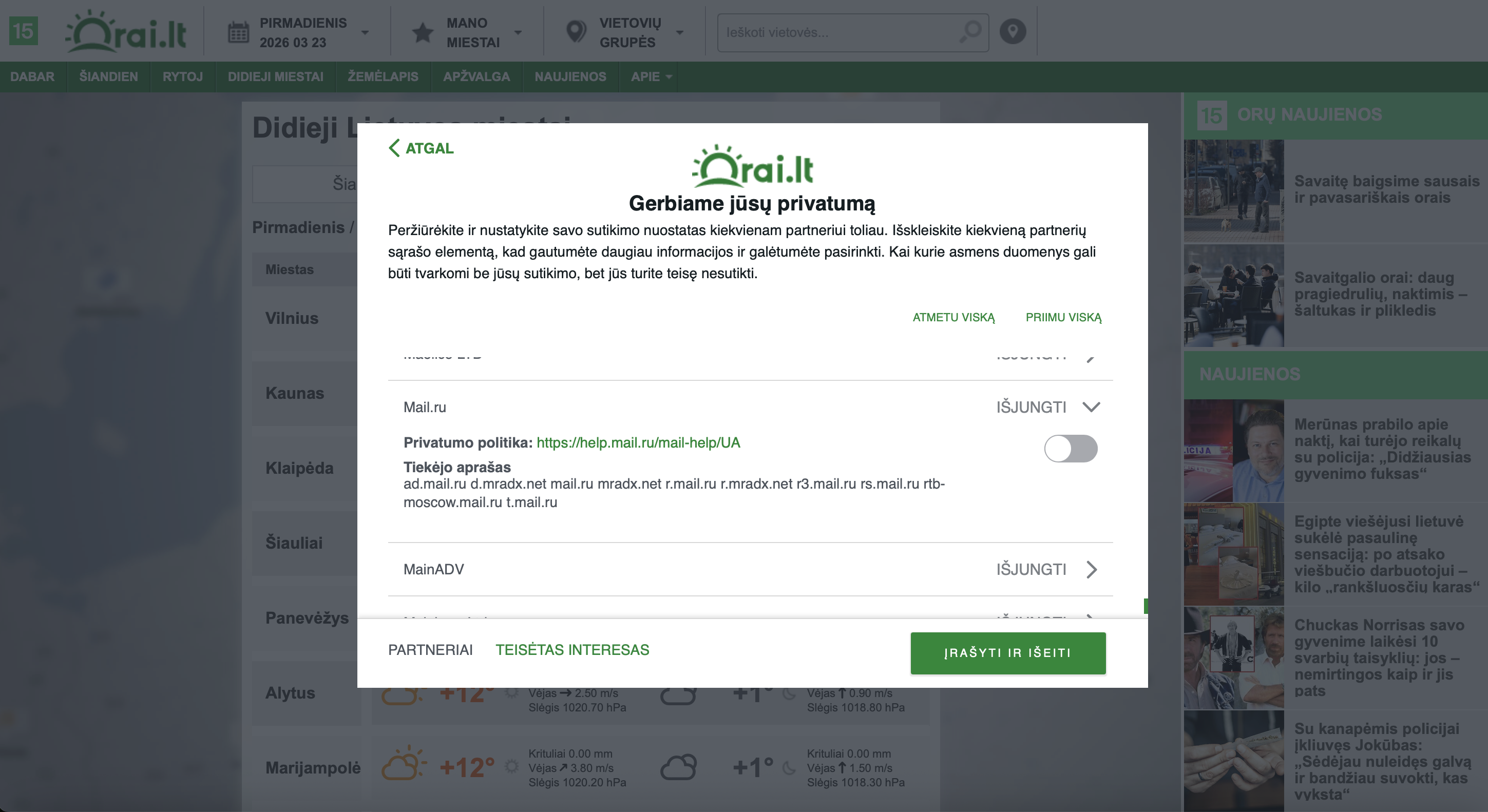 „15min“ valdomame „Orai.lt“ portale lankytojų prašoma sutikti, kad jų duomenis tvarkytų rusijoje veikiantis „Mail.ru“