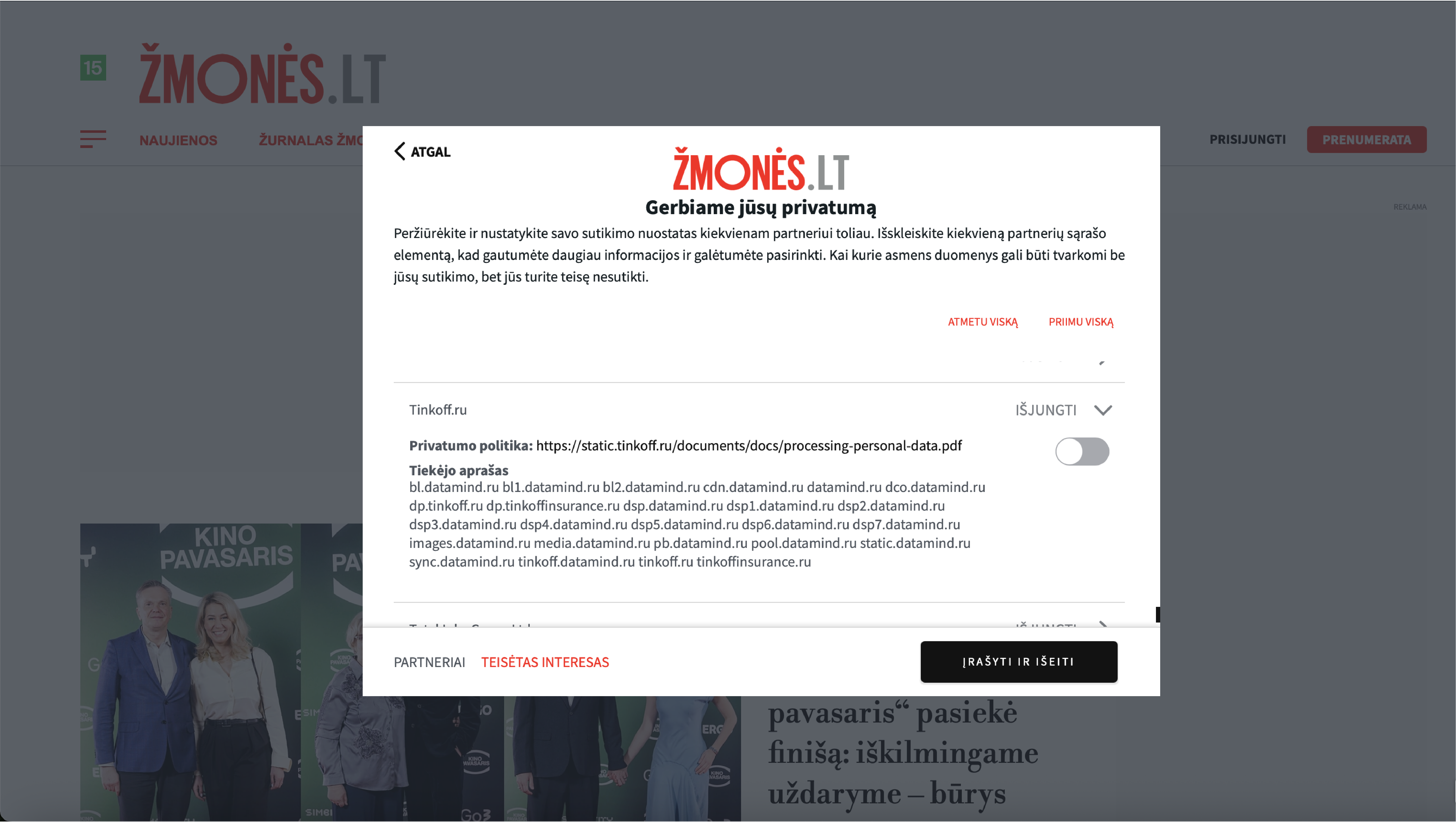 „15min“ valdomame „Žmonės.lt“ portale lankytojų prašoma sutikti, kad jų duomenis tvarkytų rusijoje veikiantis „Tinkoff.ru“