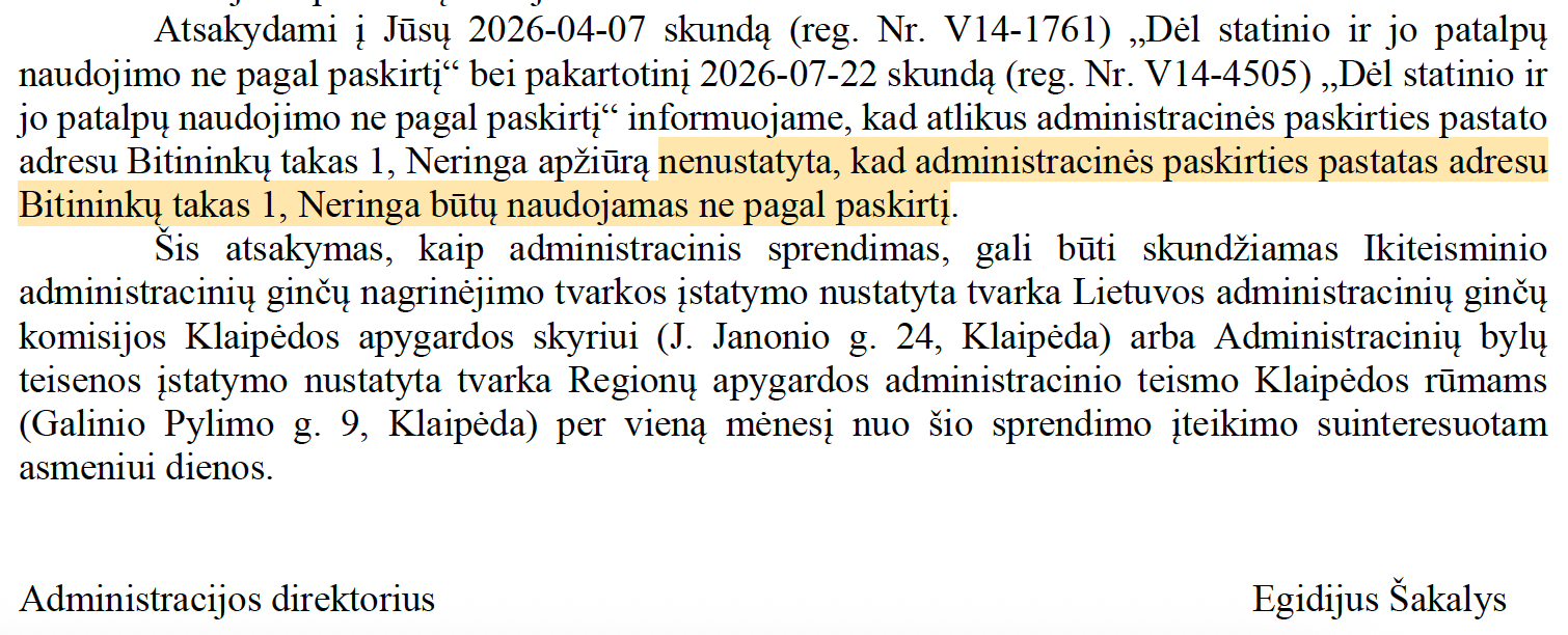 Ištrauka iš 2026 metų liepos 31 dienos Neringos savivaldybės administracijos direktoriaus E. Šakalio rašto.