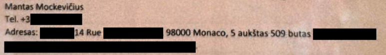 Ištrauka, kurioje nurodytas M. Mockevičiaus telefono numeris ir namų adresas, iš medžiagos kurią panaudojant buvo bandoma reikalauti pinigų iš T. Kaspučio