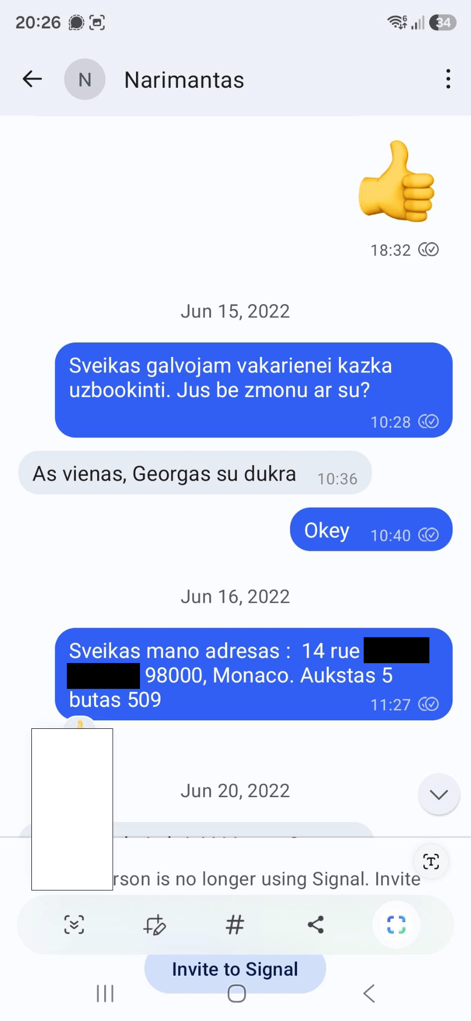 M. Mockevičiaus ir N. Bloznelio susirašinėjimas, kuriame M. Mockevičius nurodė savo buto numerį ir aukštą
