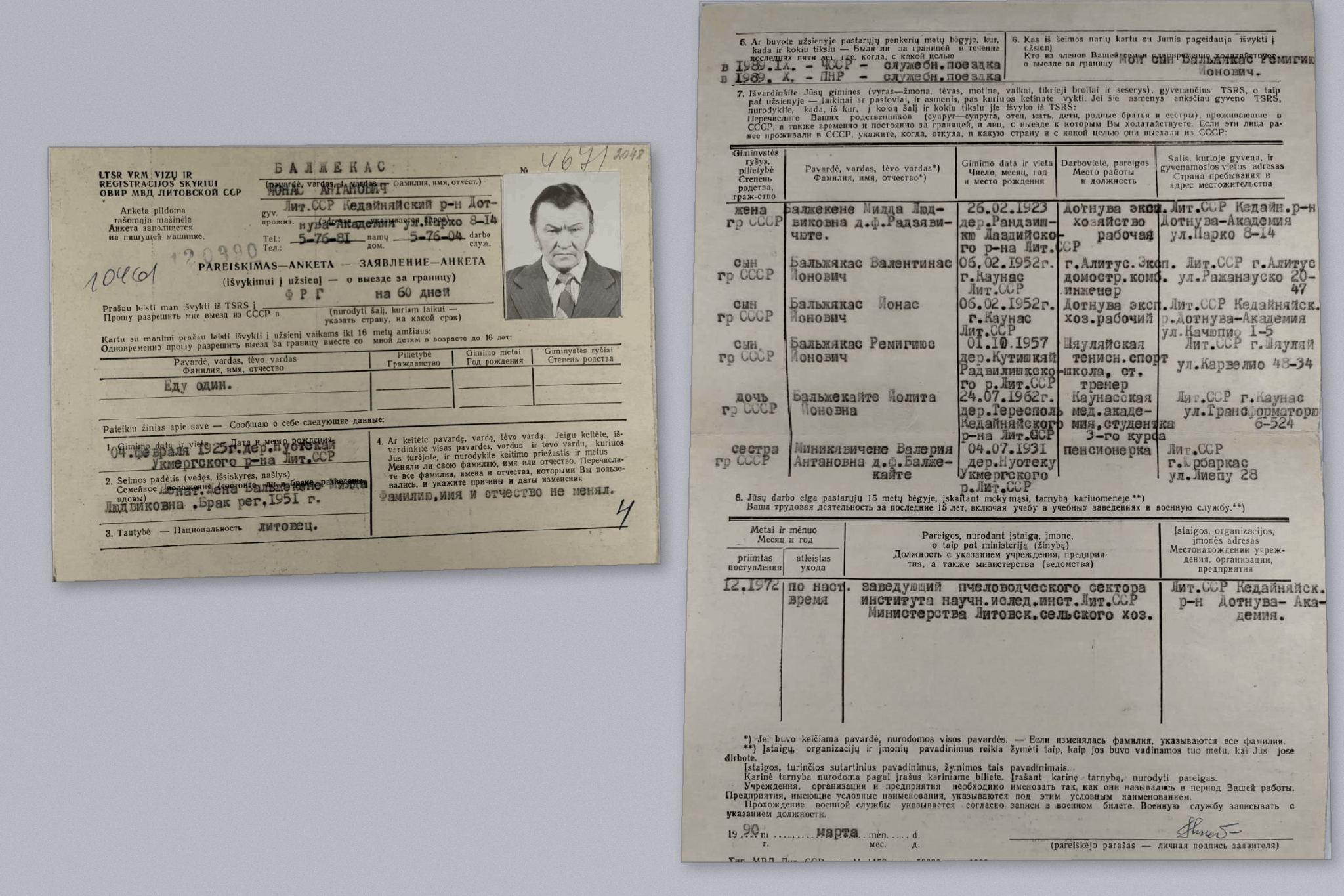 J. Balžeko anketa norint gauti leidimą išvykti į Vokietiją, kurioje nurodoma, kad 1989 metais jis lankėsi Čekoslovakijos Socialistinėje Respublikoje (ČSSR). LTSR Vidaus reikalų ministerijos dokumentas.