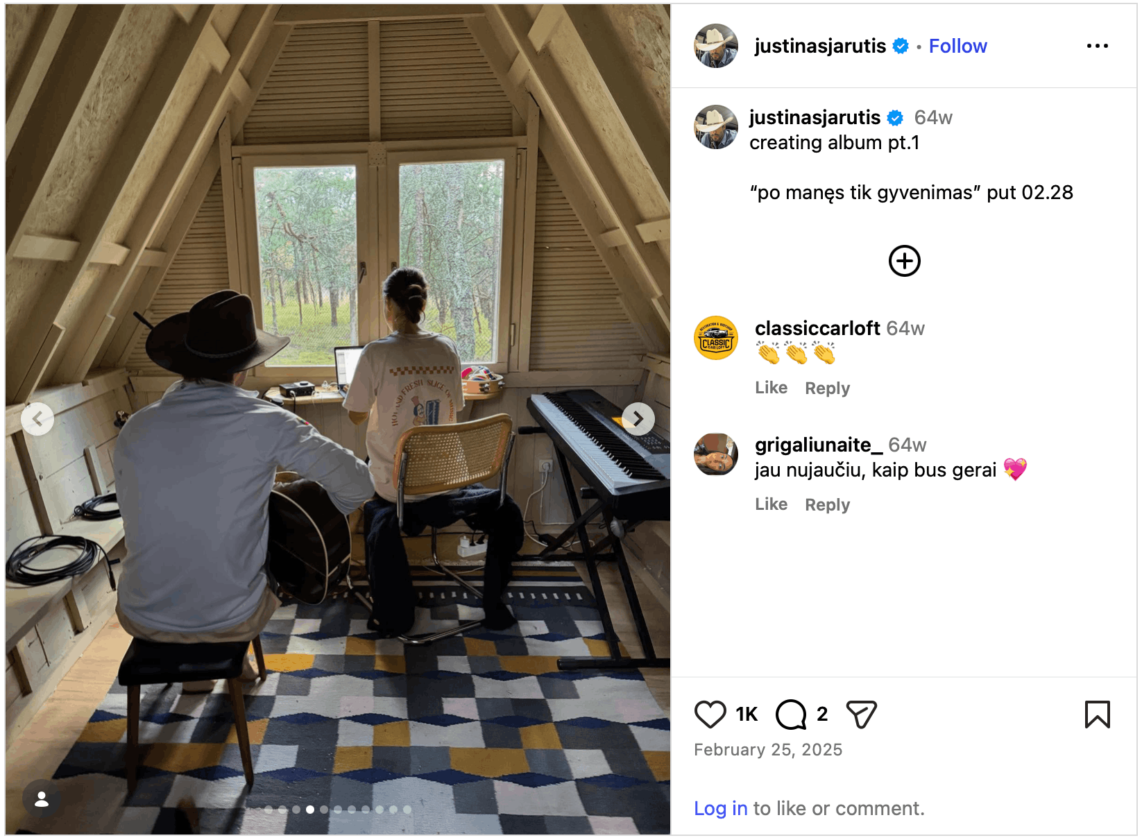 Avilio viduje įrengtoje studijoje repetuoja J. Jarutis ir A. Balžekienė. Nuotrauka iš J. Jaručio „Instagram“ paskyros.